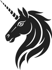 Inspiring black and white vector illustration of a majestic unicorn head with flowing mane, ideal for tattoo designs and emblems