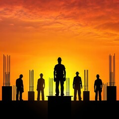 Construction workers in silhouette against a vibrant sunset sky at a building site