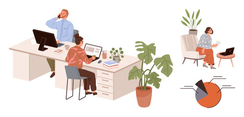 Team working at desks with computers, remote worker on video call, pie chart, potted plants. Ideal for business, teamwork, remote work, technology communication data analysis workflow. Simple flat