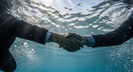 Two people in suits shaking hands underwater with sunlight and bubbles