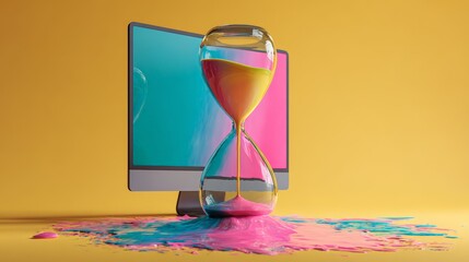 An hourglass melting in front of a computer screen representing time and creativity.