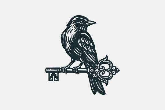 Bird sitting on ornate key engraving style vector illustration