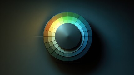   A close-up of a color wheel in a dimly lit room with a beam of light piercing through the center of the circle