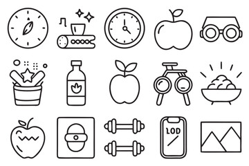 Set of 15 minimalist line icons depicting health and lifestyle objects collection line art