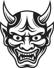 Japanese Oni Mask, traditional folkloric creature, fierce expression, decorative art, cultural emblem, demonic figure, mythical representation, vintage engraving style
