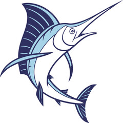 Vector illustration of a cartoon fish swimming underwater in the ocean with blue and white colors