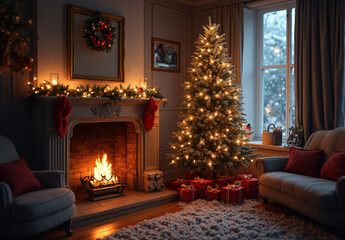 fireplace with christmas decorations.