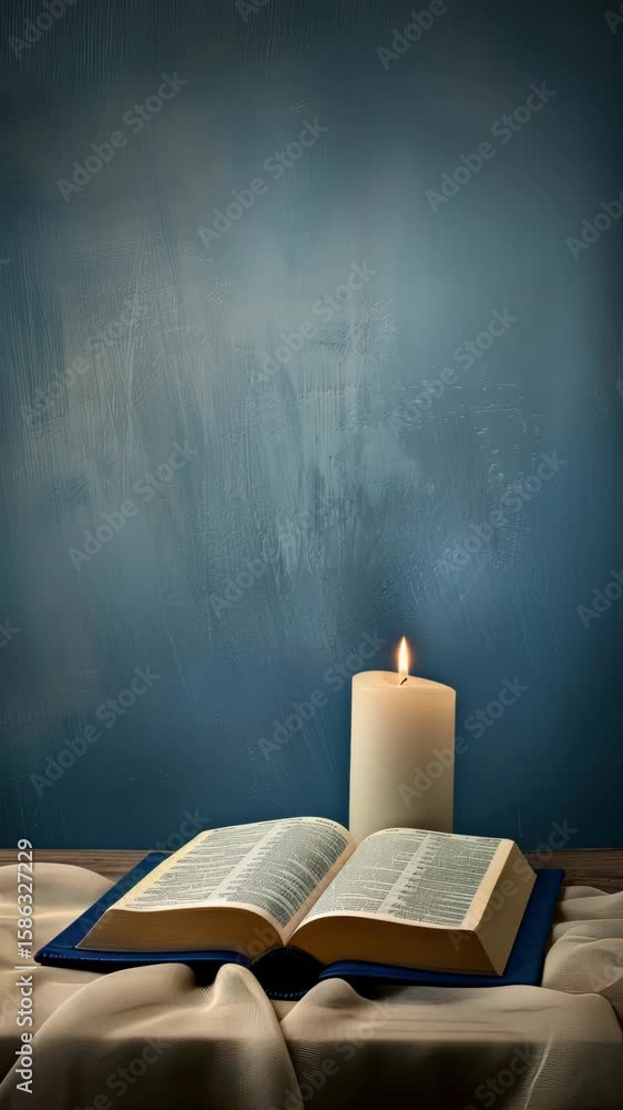 Poster a soft candlelight shines on an open book placed on flowing fabric, creating a calming atmosphere wi