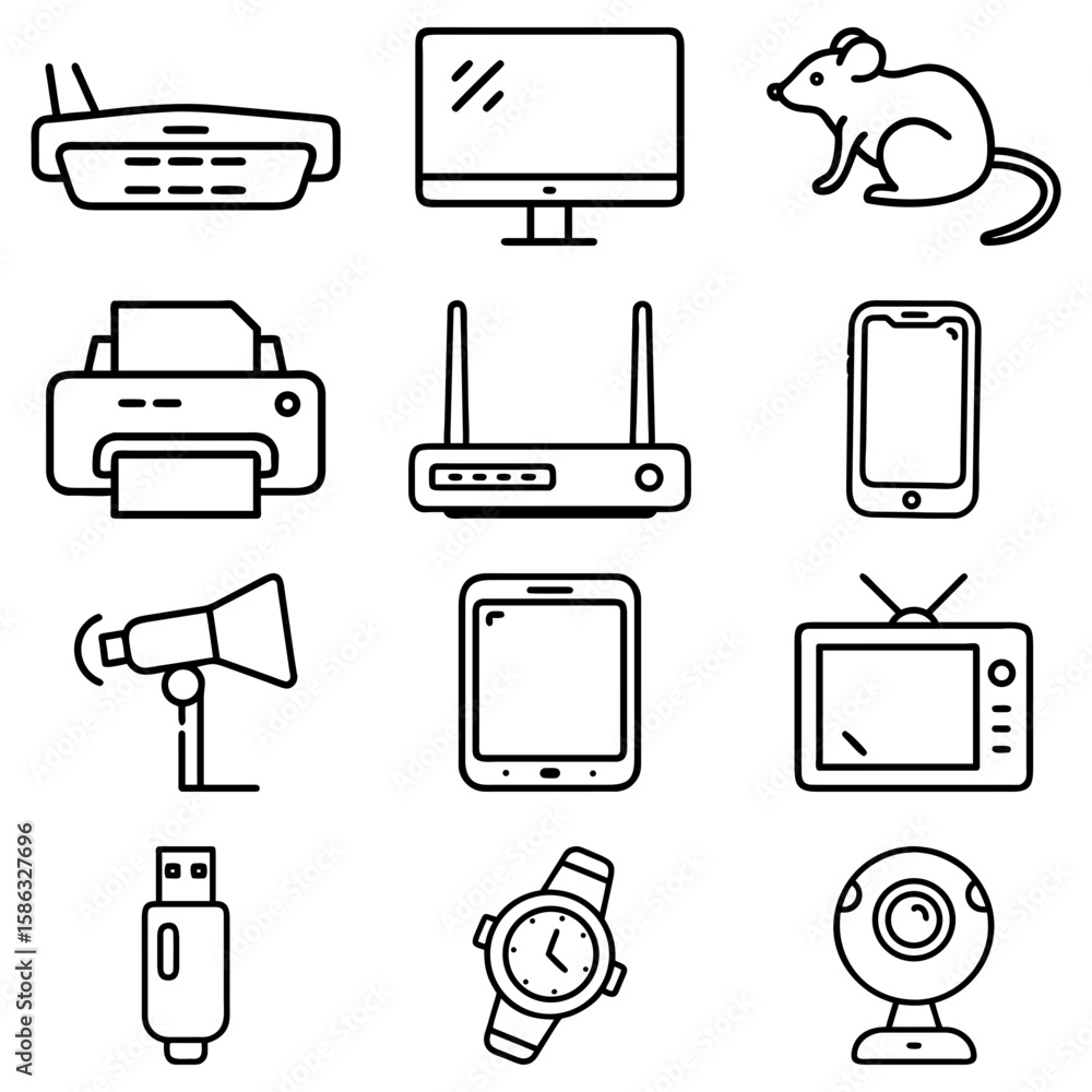Poster outline drawing of various electronic devices including a computer mouse and a megaphone in black an