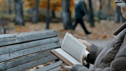 An individual enjoys reading a book while sitting on a bench as autumn leaves fall around, creating a serene and tranquil atmosphere - Powered by Adobe
