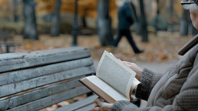 An individual enjoys reading a book while sitting on a bench as autumn leaves fall around, creating a serene and tranquil atmosphere