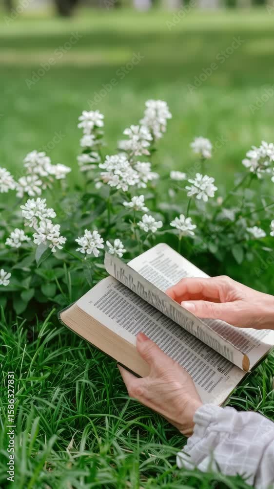 Poster embracing tranquility while reading a captivating book surrounded by inviting flowers and lush green