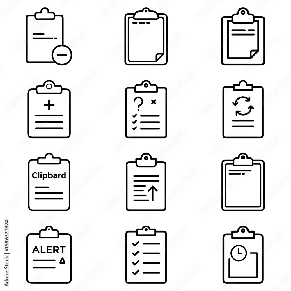 Fototapete illustration set featuring twelve clipboard icons with various symbols and text on white background 