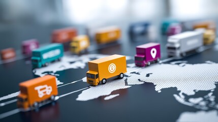 Colorful delivery trucks navigating a global map for logistics and transportation.