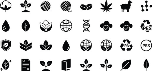 Eco friendly sustainability icons set, organic cotton leaf recycling plant renewable wool natural bio material green earth environment