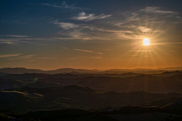 Marche, spectacular view and sunset on the Marche hills from the Ripatransone viewpoint.