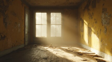 Obraz premium Sunlight streams through dusty windows into an empty, decayed room with peeling yellow walls and a worn wooden floor scattered with debris.