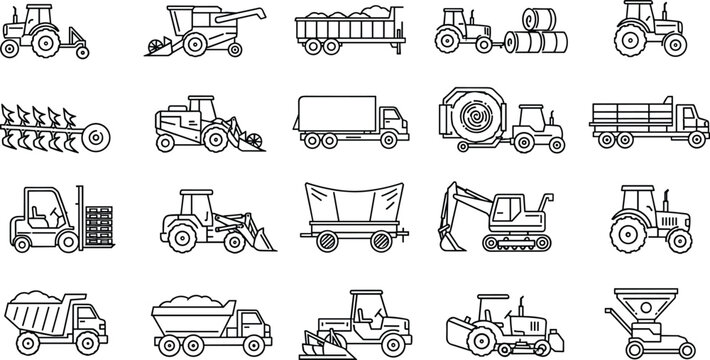 Farm machinery set with tractor, combine harvester, forklift, dump truck, excavator, plow, baler, agricultural trailer, heavy construction equipment