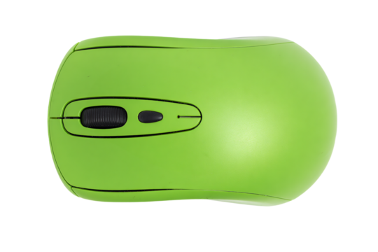 a green computer mouse with a black button