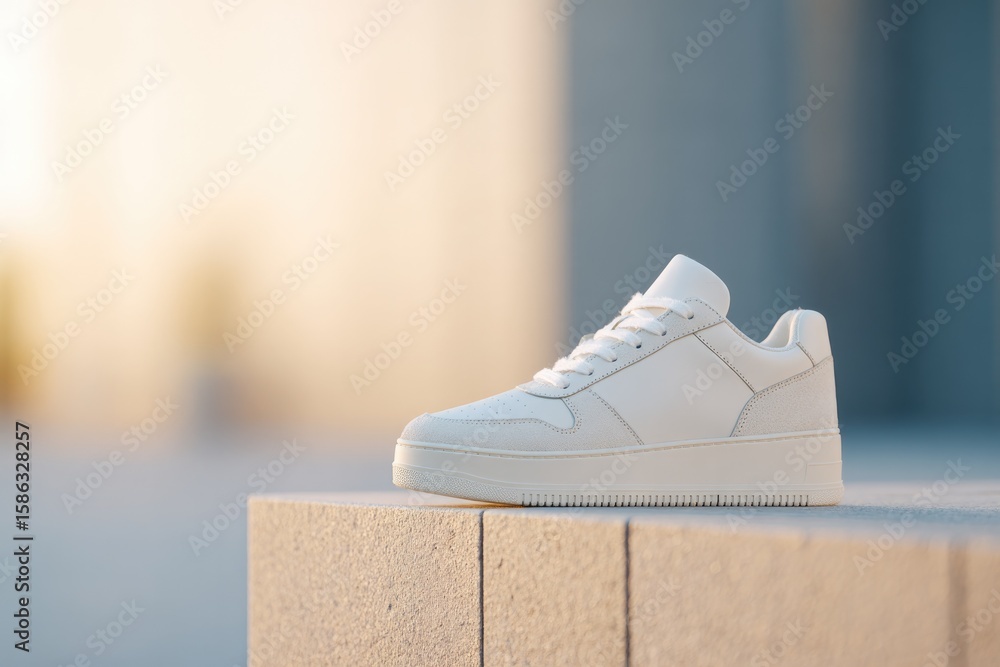 Poster low angular podium designed for sneakers placed under front soft light on textured tile surface