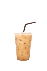 Iced of latted coffee cup on glass cup isolated white background.