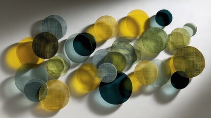   A cluster of yellow and green orbs on a white background adjacent to a wall with a cast shadow