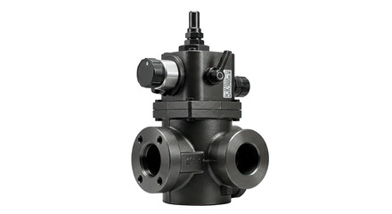 Close up of a complex industrial valve with multiple ports and controls on a black background