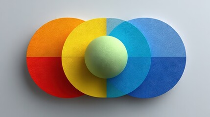   A multicolored circle with an egg in the center on a gray background and a white wall behind it