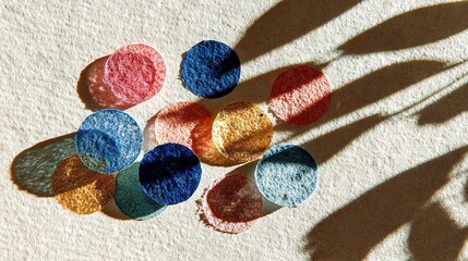   A person's hand in shadow with rainbow-colored paint splatters on a white background