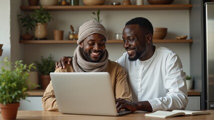 Mature black couple smiling, chatting and using a laptop together in the kitchen Muslim business. Authentic Arabian style.
