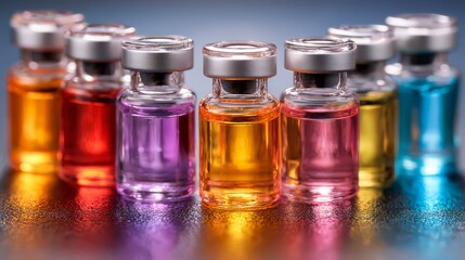 Colorful glass bottles of liquid oils or drinks with a shiny surface reflecting light.