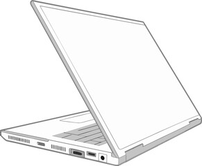 Clean line art illustration of an open laptop computer from a side angle