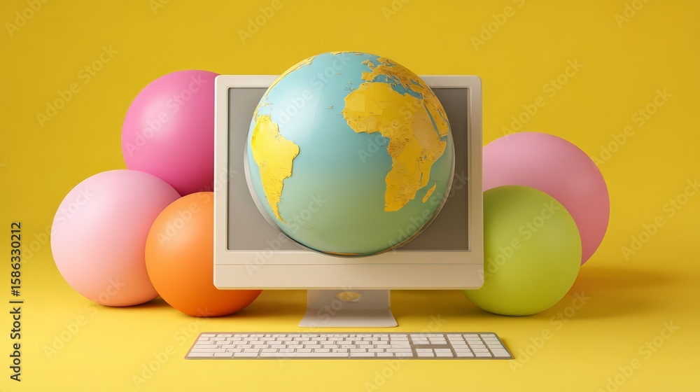 Poster colorful globe on a computer screen, representing global connectivity and innovation.