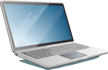 Modern silver laptop computer with a bright blue screen on a white background