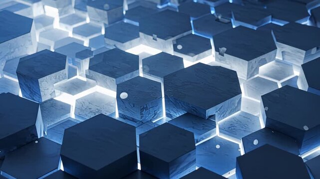 Hexagonal light patterns emerge and shift across futuristic metallic surface