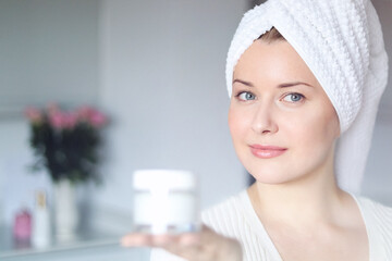 Beauty routine, morning skincare and wellness, fresh and clean aesthetics. A beautiful woman with...