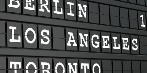 Fototapeta premium Los Angeles, United States, travel destination, airport departure board. Tourism, booking, vacation, travel, holiday, journey. 3D illustration