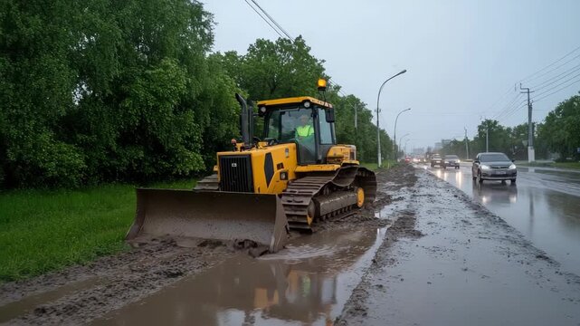 Heavy machinery works to clear a muddy road during rain, providing essential maintenance as vehicles maneuver through difficult conditions