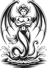 Marid djinn, mythical creature with wings emerging from water, fierce expression, enchanting folklore figure, mystical essence in vintage engraving style