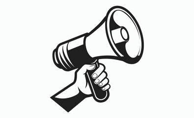 Hand holding megaphone silhouette, megaphone in hand, loudspeaker silhouette icon,  minimal car horn icon vector illustration 