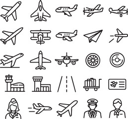 Aviation and Airport Line Icons Set – Airplane, Pilot, Terminal, Travel Symbols © Pro designer Arnov