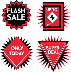 Collection of four dynamic sale promotion graphic design elements including flash sale only today and super deal up to off with lightning bolt icons isolated on transparent background