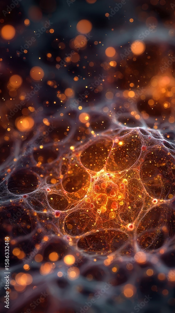 Poster abstract close-up of glowing orange particles and interconnected web-like structures on a dark backg