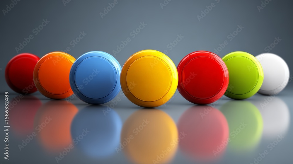 Poster colorful round buttons in a row, showcasing vibrant design and glossy finish.