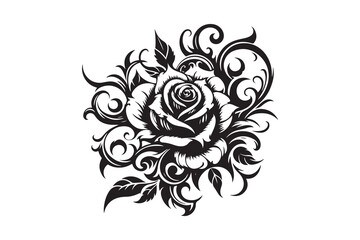  Intricate rose tattoo silhouette with elegant swirling petals and delicate thorns, isolated on a clean white background