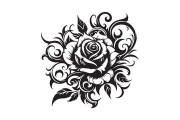  Intricate rose tattoo silhouette with elegant swirling petals and delicate thorns, isolated on a clean white background