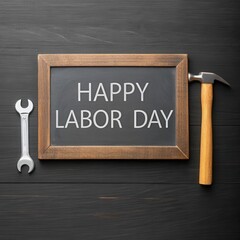 Happy labor day message on blackboard with hammer and wrench