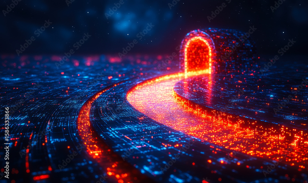 Poster abstract digital tunnel with glowing red and blue data streams flowing through futuristic circuit bo