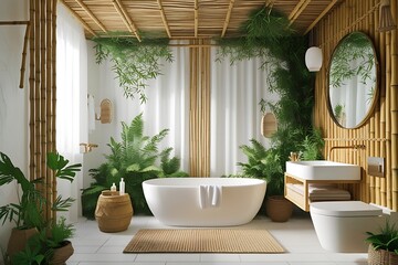 Fototapeta premium A bathroom with bamboo and many green plants inside