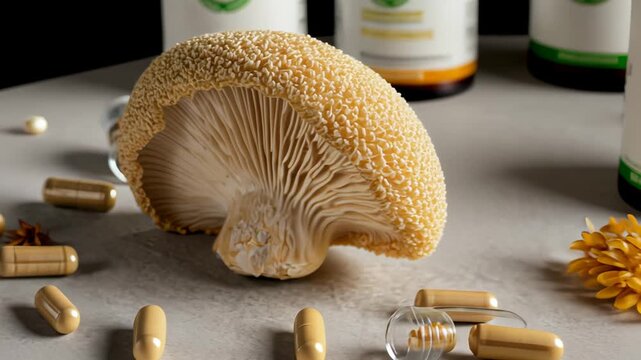 Lion?s mane fungus surrounded by supplement capsules and natural wellness elements